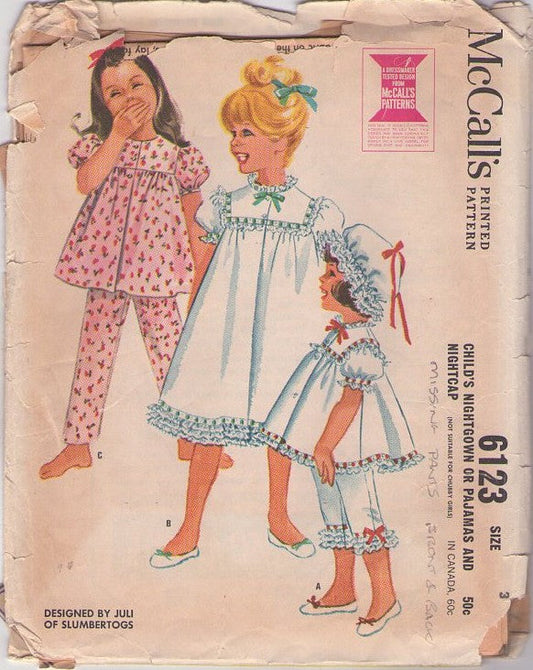 McCall's 6123 Vintage 60's Sewing Pattern Girls' Pajamas Set, Juli of Slumbertogs, Frilly Nightgown, Pajamas Top, Pants, Bloomers & Night Cap Hat Size 4