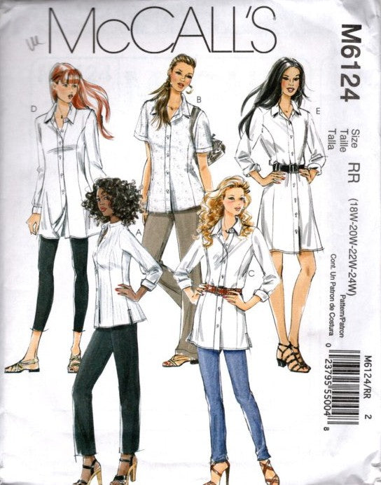 McCall's 6124 Retro 2010 Sewing Pattern Full Figure Boyfriend Shirts, Button Up Blouse, Shirt Dress Set Size 18W-24W