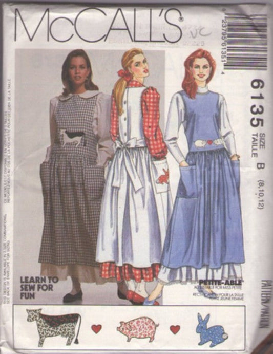 McCall's 6135 Vintage 90's Sewing Pattern Cottagecore, Farmcore Farm Life Modest Country Blouse, Jumper, Pinafore Look Dress, Petticoat & Appliques Size 8-12