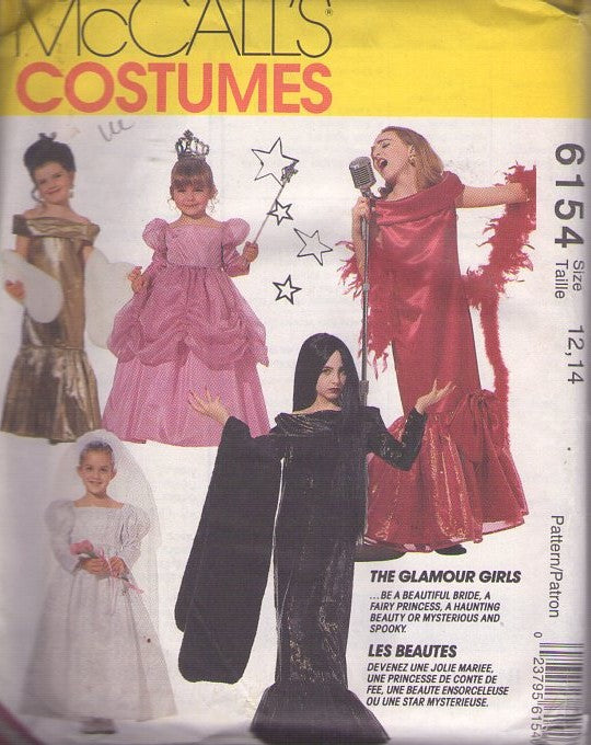 McCall's 6154 Retro 90's Sewing Pattern Dress Up Costumes, Glamour Girl's Cinderella Overskirt Gown, Movie Star, Torch Singer Marilyn Monroe, Morticia Adams, Princess Bride Size 7