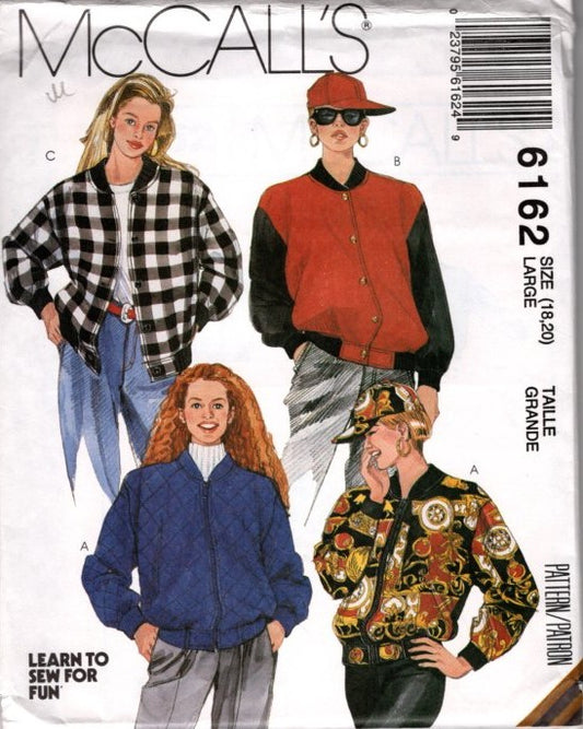 McCall's 6162 Vintage 90's Sewing Pattern Hip Hop Baseball Jacket, Cap, Hat, Member's Only Styles Size L 18-20