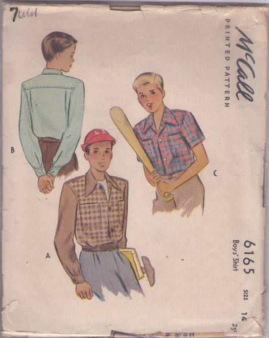 McCall's 6165 Vintage 40's Sewing Pattern Boys' Shirt Set, Rockabilly Two Tone Leave it to Beaver Sports or Dress Shirt, Short or Long Sleeves Size 14