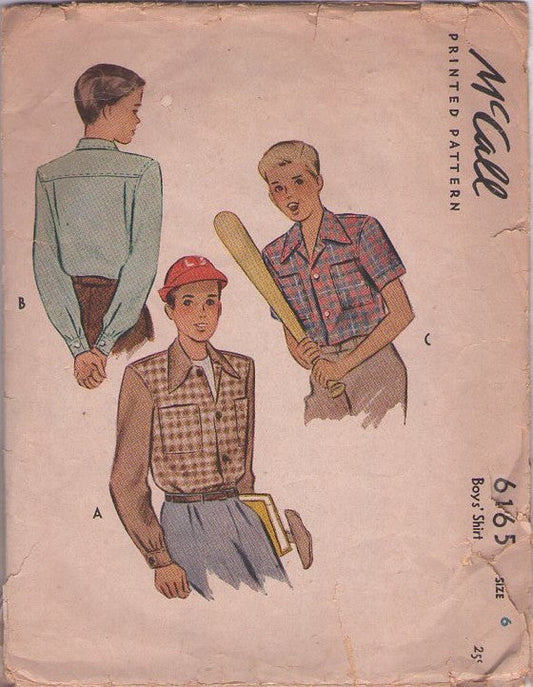 McCall's 6165 Vintage 40's Sewing Pattern Boys' Shirt Set, Rockabilly Two Tone Leave it to Beaver Sports or Dress Shirt, Short or Long Sleeves Size 6