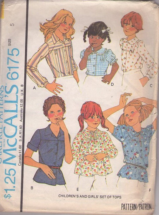 McCall's 6175 Vintage 70's Sewing Pattern Girls' Tops, Button Up or Pullover Blouse, Shirt, Top Set 6 Styles Size 5