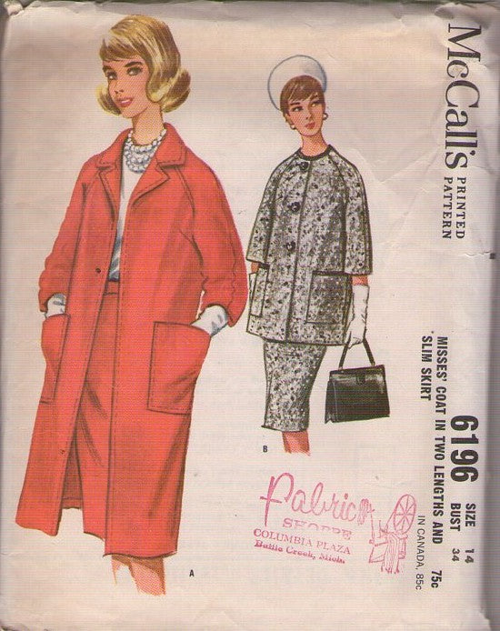 McCall's 6196 Vintage 60's Sewing Pattern Raglan Sleeve Jacket, Coat, Large Pockets, Sheath Skirt, Size 14