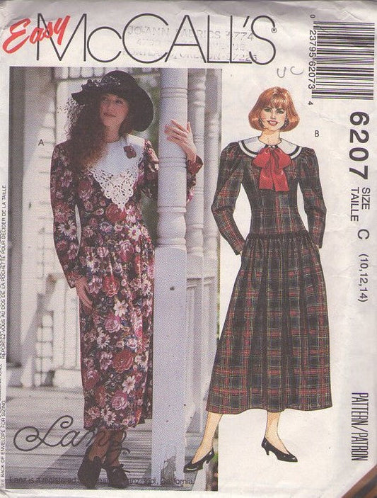 McCall's 6207 Vintage 90's Sewing Pattern Career Dresses, Designer Lanz of Salzberg, Cottagecore Victorian Tea Garden Party Floral Drop Waist Modest Dress, 2 Styles, Large Collar Size 10-14