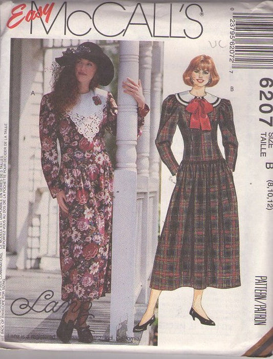 McCall's 6207 Vintage 90's Sewing Pattern Career Dresses, Designer Lanz of Salzberg, Cottagecore, Victorian Tea Garden Party Floral Drop Waist Modest Dress, 2 Styles, Large Collar Size 8-12