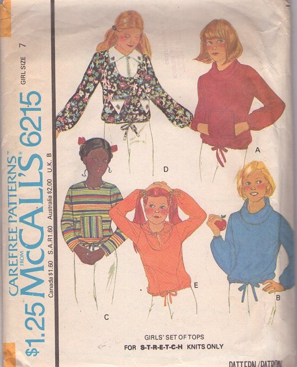 McCall's 6215 Vintage 70's Sewing Pattern Teen Tops, Hipster Hippie Drawstring Kangaroo Pouch Pocket Pullover Shirt, Top Set, Hood, Cowl Size 7