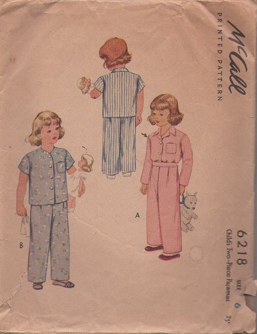 McCall's 6218 Vintage 40's Sewing Pattern Girls' Pajamas, Retro Modest 2 Piece Pajamas Set, Summer or Winter Short or Long Sleeve Top & Trousers Size 6