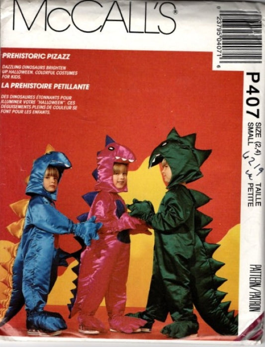 McCall's 6219 P407 Vintage 90's Sewing Pattern Child Prehistoric Dinosaur Costume, Fin Back Jumpsuit, Padded Hood Helmet Size S 2-4