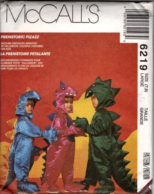 McCall's 6219 P407 Vintage 90's Sewing Pattern Child Prehistoric Dinosaur Costume, Fin Back Jumpsuit, Padded Hood Helmet Size L 7-8