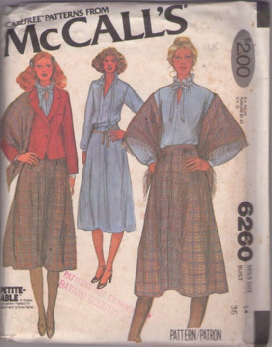McCall's 6260 Vintage 70's Sewing Pattern Carefree Ruffled Tie Neck Blouse, Boot Length Secretary Skirt, Blazer Jacket, Fringe Shawl Size 14