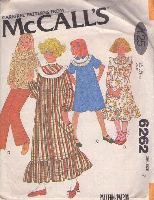 McCall's 6262 Vintage 70's Sewing Pattern Girls' Dress, Top, Carefree, Scoop Yoked Granny Cottagecore Prairie Dress, Blouse, Top, School Dress or Maxi Gown Set Size 7