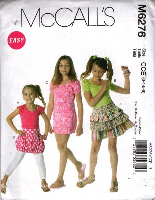 McCall's 6276 Retro 2011 Sewing Pattern Girls' Easy Knit Tops, Bubble or Tiered Boho Skirt, Dress, Tshirt Size 3-5