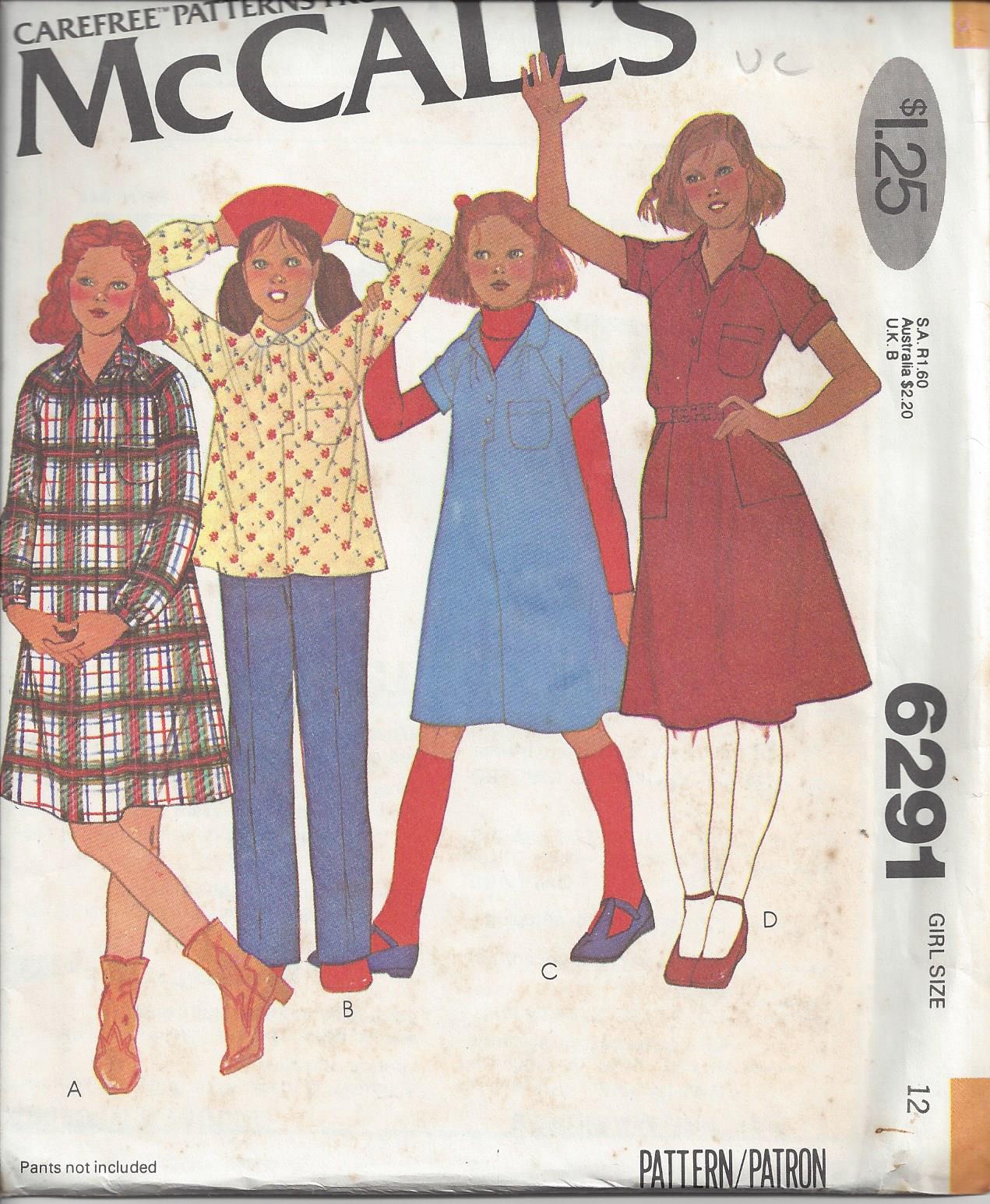 McCall's 6291 Vintage 70's Sewing Pattern Girls' Separates, Carefree Collared Raglan Sleeve Blouse, Shirt, Top, Tent Dress & Skirt Size 12