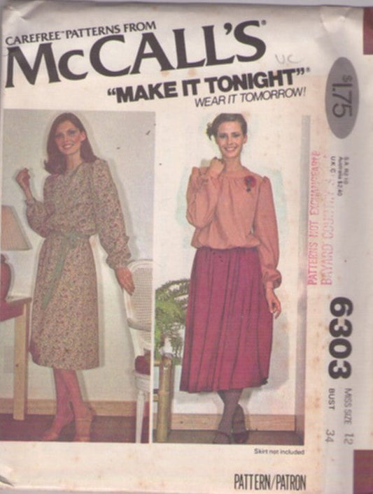 McCall's 6303 Vintage 70's Sewing Pattern Secretary Dress, Shirt, Make It Tonight, Easy Blouson Blouse, Flared Tent Dress Size 12