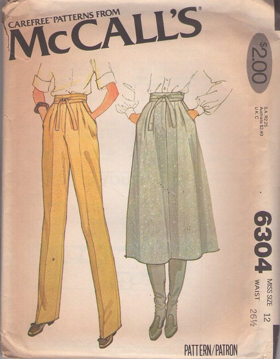 McCall's 6304 Vintage 70's Sewing Pattern Classic Secretary Flared Skirt, Slacks Pants, Front Wrap Waistband, Pockets Size 12