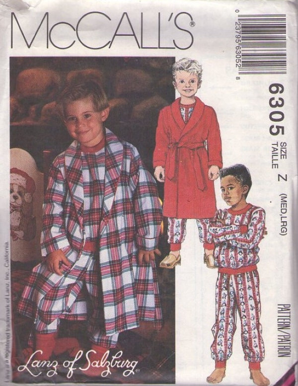McCall's 6305 Vintage 90's Sewing Pattern Boys' Pajamas Top, Pants, Robe by Lanz of Salzburg Size M-L