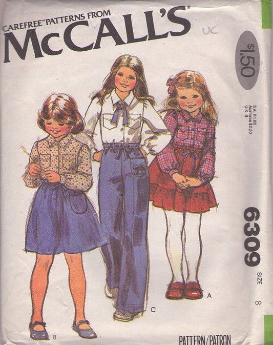 McCall's 6309 Vintage 70's Sewing Pattern Girls' School Separates, Blouse, Flounced Ruffle or A-Line Skirt & Pants Size 8