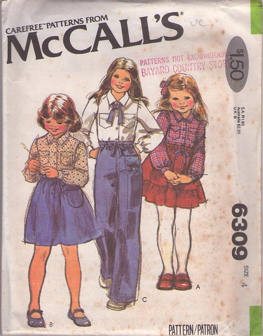 McCall's 6309 Vintage 70's Sewing Pattern Girls' School Separates, Blouse, Flounced Ruffle or A-Line Skirt & Pants Size 4