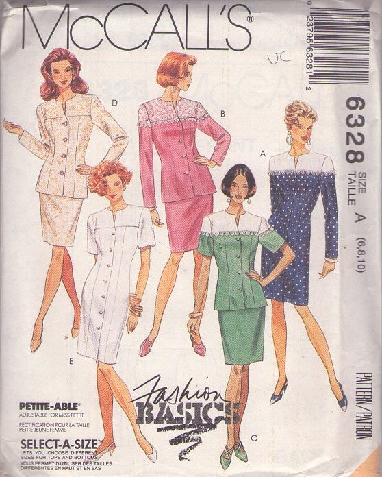 McCall's 6328 Retro 90's Sewing Pattern Dynasty Power Suit, Mother of the Bride Dress, Over the Hips Jacket Top & Slim Skirt, Sheath Button Front Dress 5 Styles Size 6-10