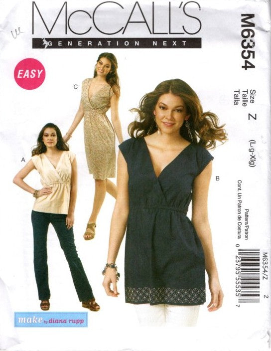McCall's 6354 Retro 2010 Sewing Pattern Easy Shirt, Blouse, Dress, Make by Diana Rupp, Surplice Size L-XL