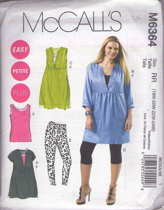 McCall's 6364 Retro 2011 Sewing Pattern Plus Size Separates, Tank Top, Short Dress or Long Tunic Top, Pull On Stretch Leggings Pants Size 18W-24W