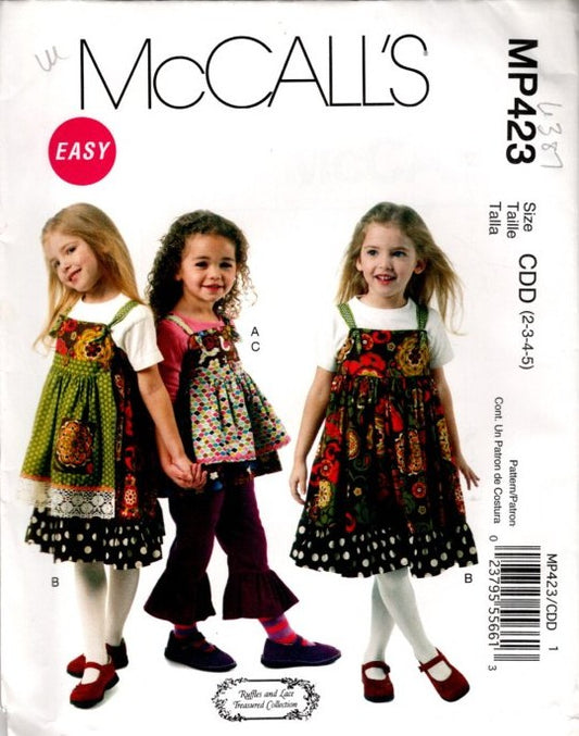 McCall's 6387 P423 Retro 2011 Sewing Pattern Toddler Girls' Apron, Smock Top, Boho Cottagecore Dress, Flounce Pants Size 2-5