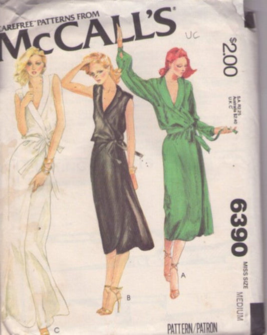 McCall's 6390 Vintage 70's Sewing Pattern Disco Wrap Dress, Shawl Collar Blouson Secretary Office Party or Long Cruise Maxi Wrap Around Dresses, 3 Styles Size M