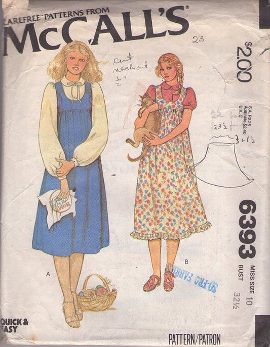 McCall's 6393 Vintage 70's Sewing Pattern Flared Dress & Top, Farmcore Western Yoked Prairie Jumper, Dress, School Teach Styles Size 10