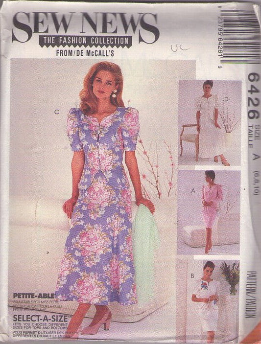 McCall's 6426 Vintage 90's Sewing Pattern Office Separates, The Fashion Collection Formal 2 Piece Party Dress, Mother of the Bride Jacket Top Blouse, Slim or Flared Midi Skirt Size 6-10