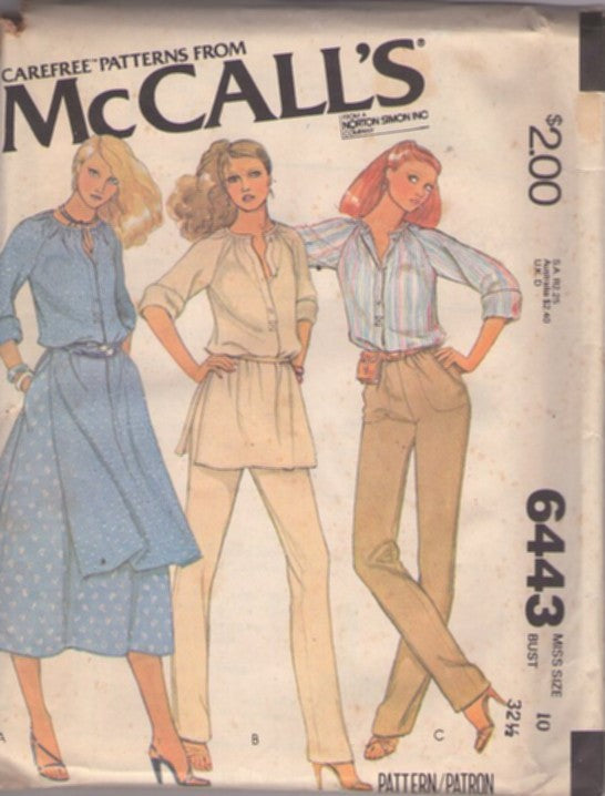 McCall's 6443 Vintage 70's Sewing Pattern Casual Separates, Gathered Button Band, Side Slit, Tunic Top, Blouse, Flared Skirt, Peg Leg Pocket Pants Size 10