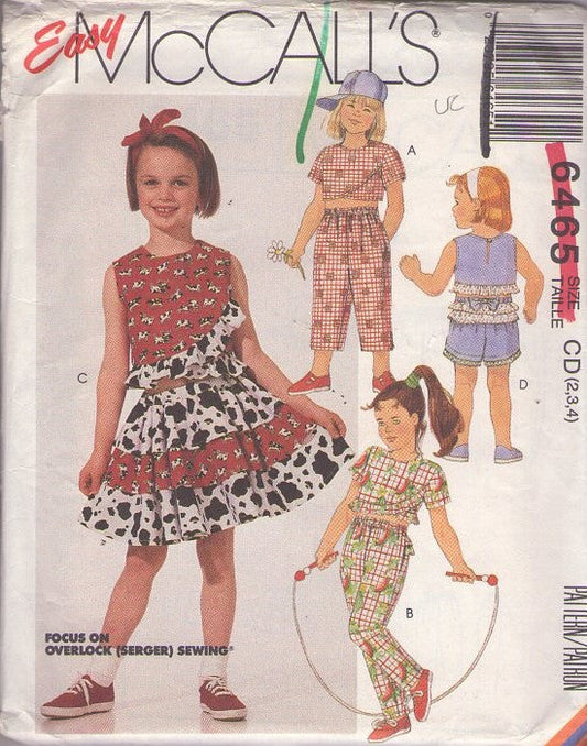 McCall's 6465 Vintage 90's Sewing Pattern Girls' Separates, Easy Summer Ruffled Crop Top, Shorts, Flared Skirt, Capri and Long Pants Size 2-4
