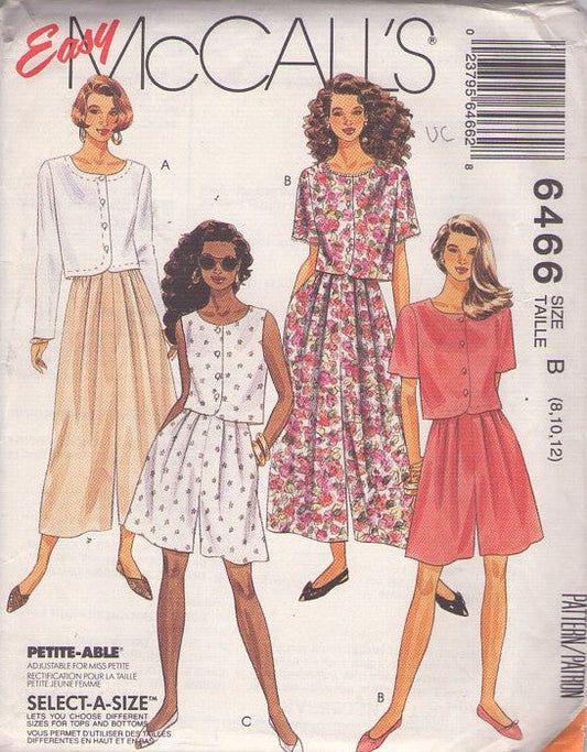 McCall's 6466 Vintage 80's Sewing Pattern Easy Separates, 2 Piece Summer Romper or Secretary Jumpsuit, Cropped Boxy Button Front Jacket Top Blouse, Midi Capri Flared Leg Culottes, Gauchos Size 8-12