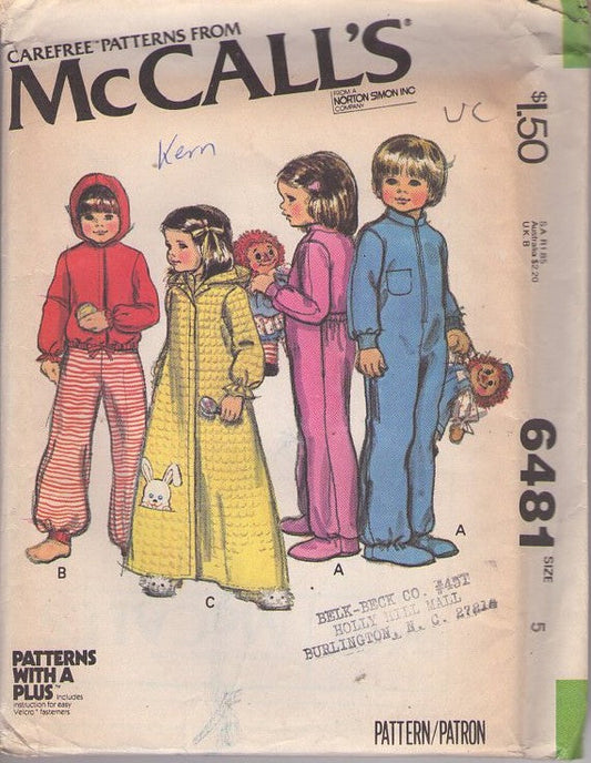 McCall's 6481 Vintage 70's Sewing Pattern Boys' & Girls' Pajamas, Dropseat, Flap Door PJs, Onesie Jumpsuit, Hooded Hoodie Jacket or Bathrobe Robe with Bunny Embroidery Transfer Size 1