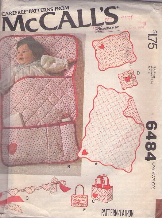 McCall's 6484 Vintage 70's Sewing Pattern Baby Layette, Quilt Blanket, Bunting, Tote Diaper Bag, Toy, Pillow Sham