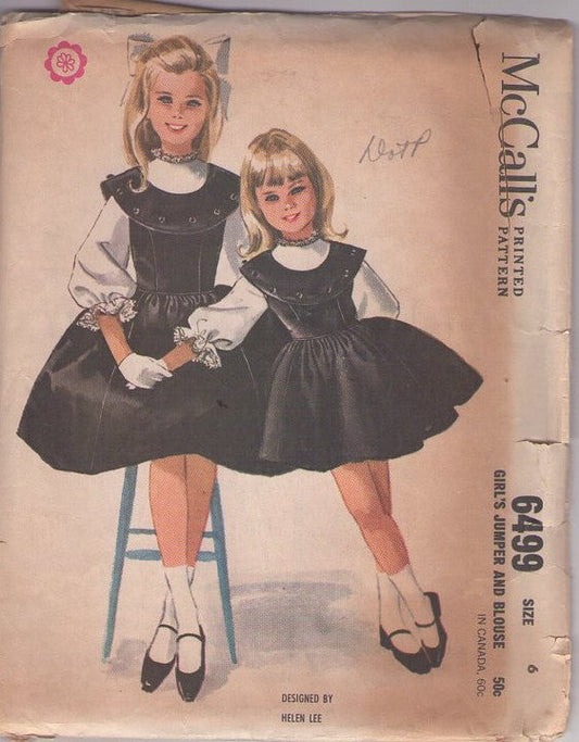 McCall's 6499 Vintage 60's Sewing Pattern Girls' Blouse, Jumper, Designer Helen Lee Platter Collar, Flared Modest Skirt Jumper, Dress, Blouse Set Size 6