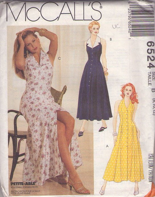 McCall's 6524 Vintage 90's Sewing Pattern Garden Party Dresses, Cutaway Armhole Halter or Cut Back Front Buttoned Midi Coat Dress, Sundress 3 Styles Size 8-12