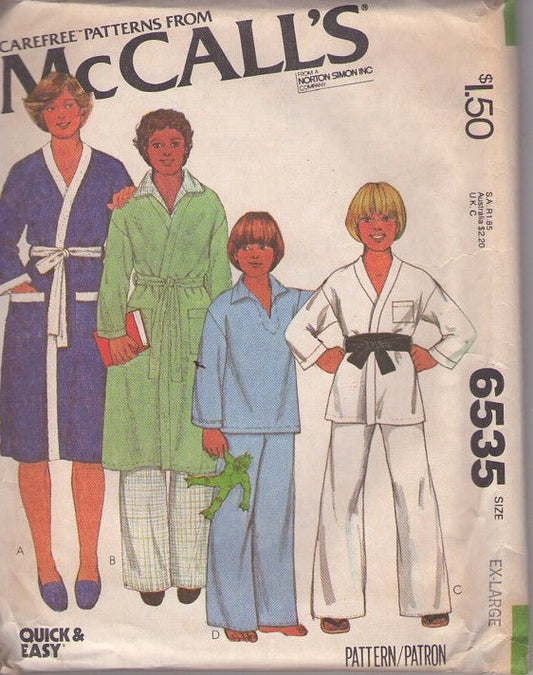 McCall's 6535 Vintage 70's Sewing Pattern Boys' Robes, Classic Carefree Quick & Easy 2 Piece Pajamas Shirt, Pants, Wrap Spa or Karate Jacket Robe, Bathrobe Size XL