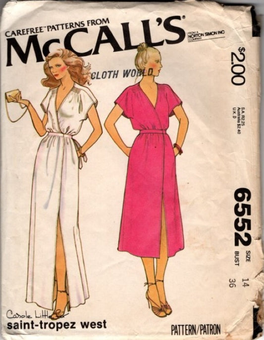 McCall's 6552 Vintage 70's Sewing Pattern Wrap Around Dress, Carole Little for Saint Tropez West, Summer Cruise Maxi or Shorter Size 14