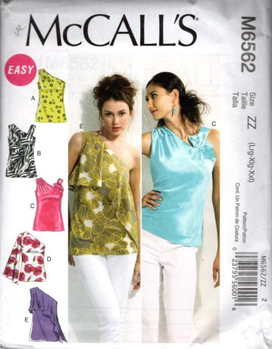 McCall's 6562 Retro 2012 Sewing Pattern Easy One Shoulder Tops, Pullover Summer Party Disco Shirts Size L-XXL