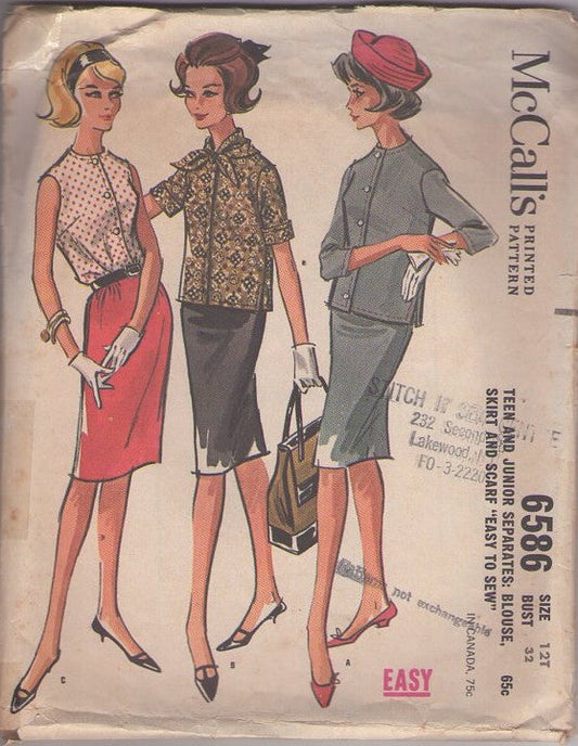 McCall's 6586 Vintage 60's Sewing Pattern Secretary Separates, Mad Men Blouse, Slim Sheath Skirt, Scarf, Easy to Sew Size 12T