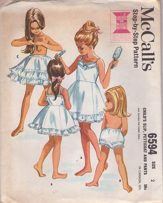 McCall's 6594 Vintage 60's Sewing Pattern Girls' Lingerie Set, Toddler Baby, Fancy Ruffled Lace Trim Crinoline, Slip, Petticoat, Skirt or Dress Slip & Bloomers Briefs Panties Size 2