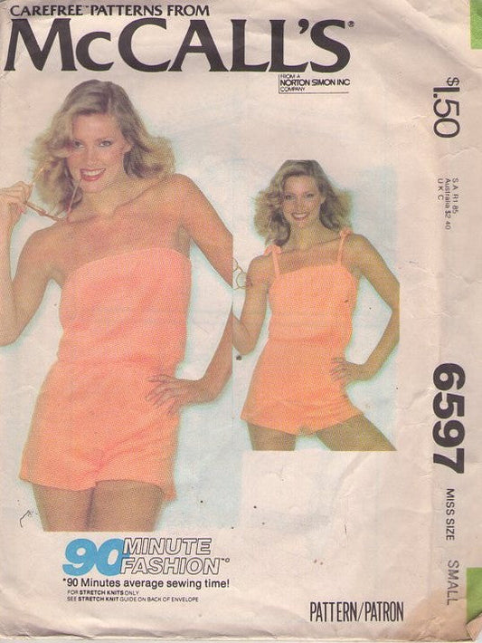 McCall's 6597 Vintage 70's Sewing Pattern Easy Rompers, 90 Minute Fashion Strapless or Tied Shoulders Romper, Onesie, Shorts Playsuit Size S