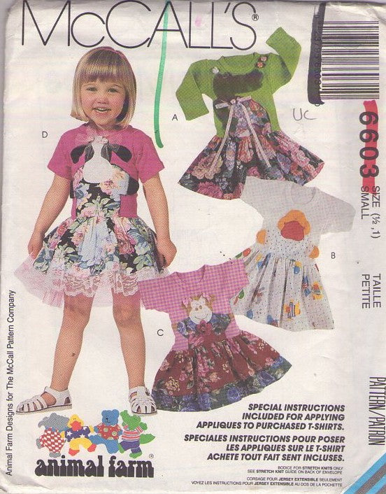 McCall's 6603 Vintage 90's Sewing Pattern Girls' Dress Set, Animal Farm Shaped Applique Flared Skirt Tshirt Dress Wearable Art 4 Styles Size S
