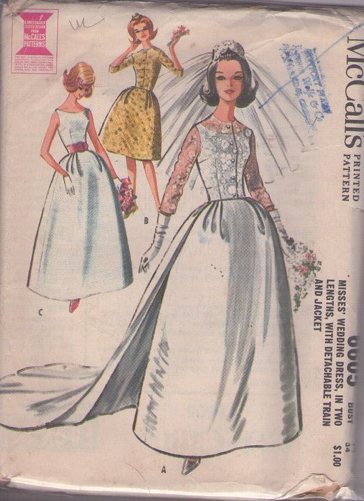 McCall's 6605 Vintage 60's Sewing Pattern Mod Shirtwaist Day Dress, Royal Formal Wedding Gown, Lace Jacket Size 14