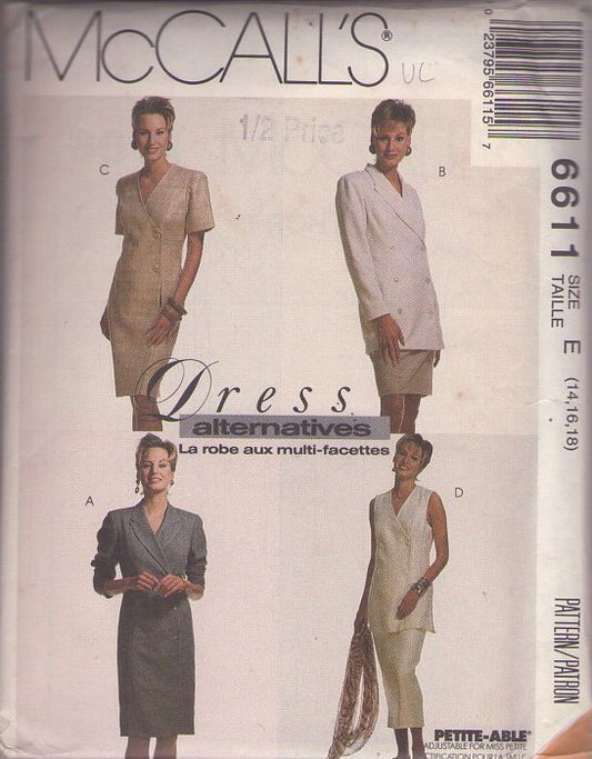 McCall's 6611 Vintage 90's Sewing Pattern Dress Alternatives, Career, Secretary Double Breasted Buttons, Sheath Dress, Over the Hips Jacket Size 14-18