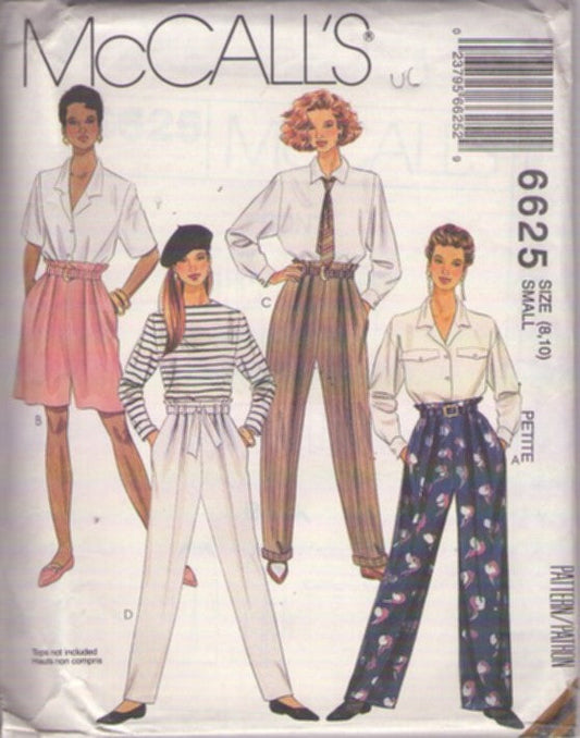 McCall's 6625 Vintage 90's Sewing Pattern Trousers Set, New Wave Paper Sack Look Gathered Loose Waist Shorts, Trousers, Pants Size S
