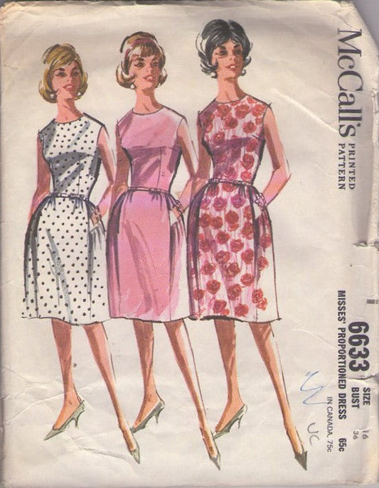 McCall's 6633 Vintage 60's Sewing Pattern Rockabilly Day Dres, Proportioned, Sleeveless, Hidden Front Pockets Size 16