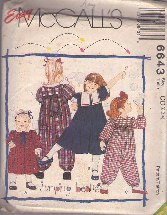 McCall's 6643 Vintage 90's Sewing Pattern Girls' Dress, Jumpsuits, Jumping Beans Peter Pan or Flap Collar Flared Modest Party Dress, Ballooned Full Jumpsuit Size 2-4